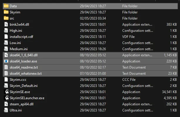 Screenshot of the root folder showcasing correct SKSE install